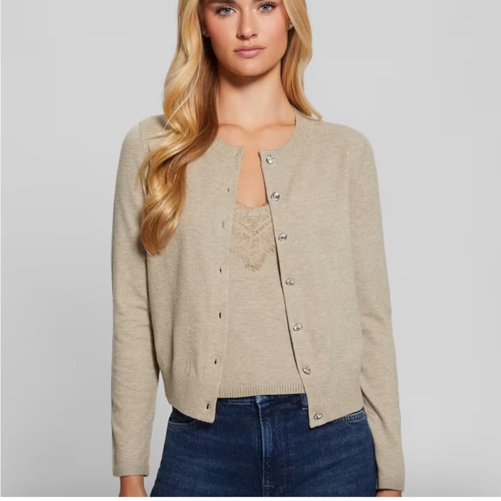 NWT GUESS Women's Eco Mena Beige Crewneck Button Cardigan Sweater
